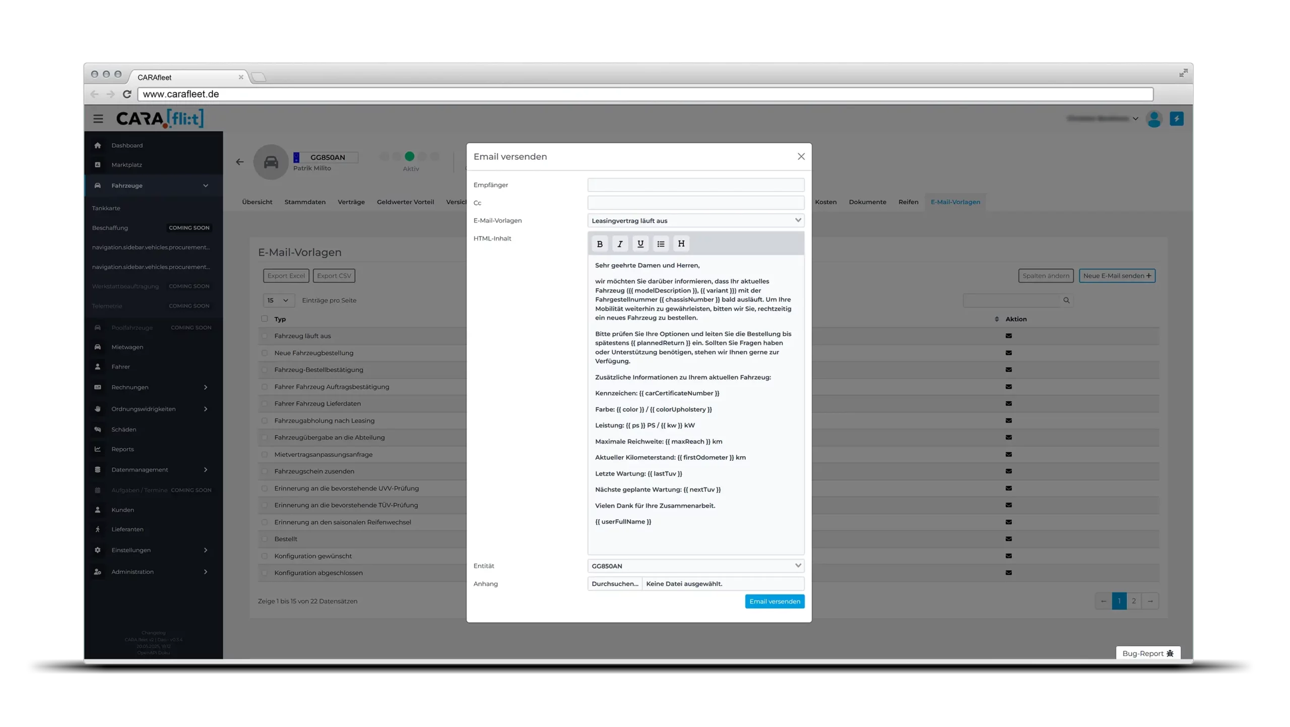 Dashboard - E-Mail Versand